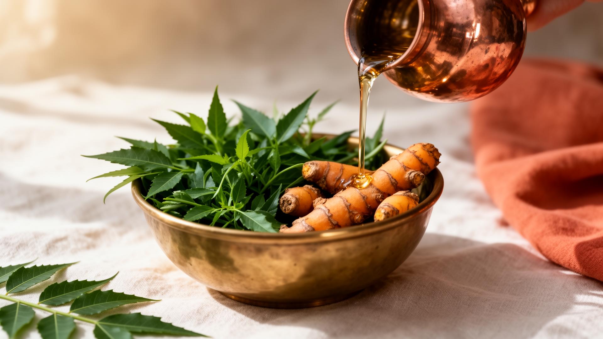 Ayurvedic herbs and copper vessel pouring herbal oil